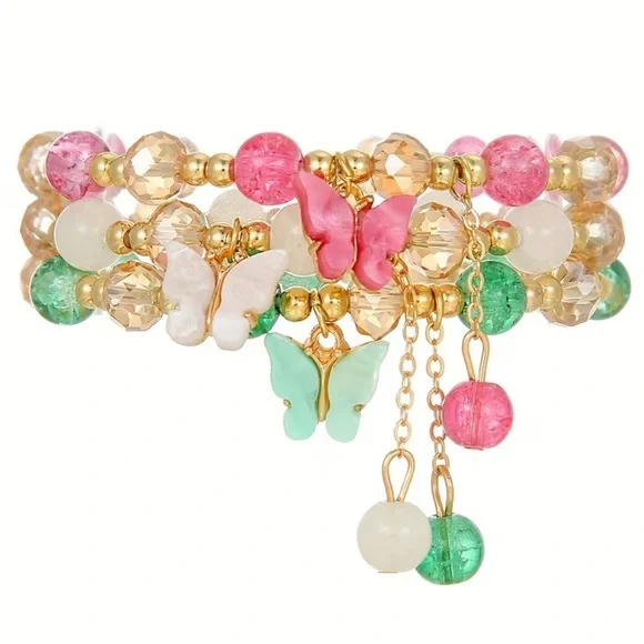 3pc Resin Butterfly Pendants with Glass Beads - Picture 2 of 4